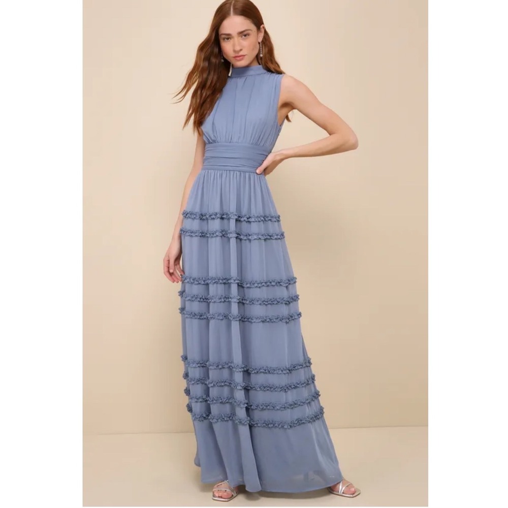 Lulus Enchantingly Sweet Slate Blue Chiffon Tiered Halter Maxi Dress XS NEW